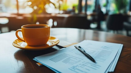 Coffee Documents And Pen On Wooden Table