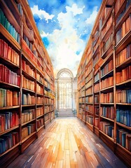 A watercolor library with endless shelves stretching into a dreamy horizon with empty copy space