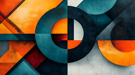 Abstract Geometric Artwork Featuring Teal Orange and Red Shapes