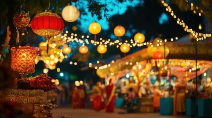 Fototapeta premium A vibrant festival scene adorned with colorful lanterns and decorations.