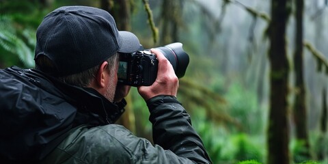Fototapeta premium photographer with DSLR taking photo of forest