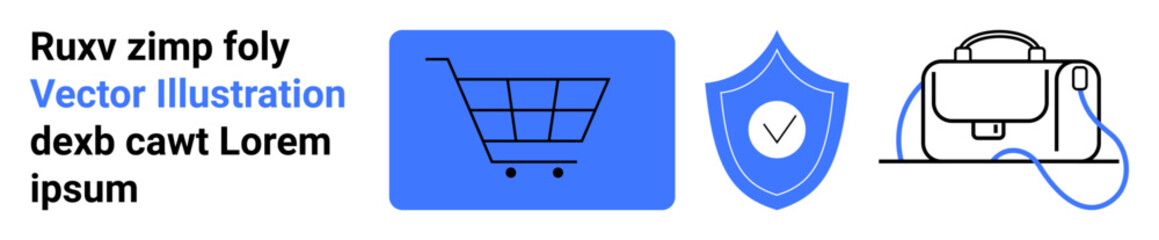 Shopping cart with blue background, security shield with checkmark, handbag. Ideal for e-commerce, online retail, security, shopping apps, websites, digital marketing, landing page