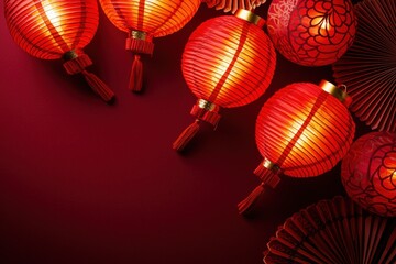 Fototapeta premium Chinese New Year 2025, Vibrant red lanterns illuminate a rich background, creating a festive atmosphere perfect for celebrations and cultural events.