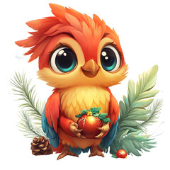 A cute cartoon owl with a pumpkin, smiling and sitting on a tree, with wings, feathers, and a beak, surrounded by nature, in a fun and whimsical design