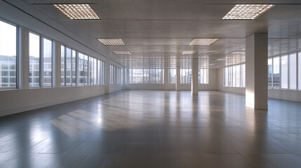 Bright and spacious empty office interior with large windows overlooking cityscape