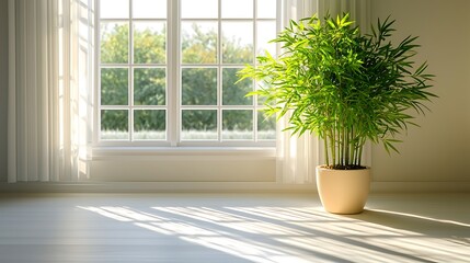 Sunlight illuminates a potted bamboo plant by a window
