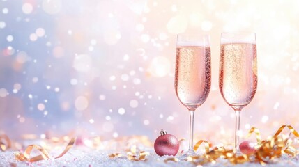 Two elegant champagne flutes filled with sparkling rose sit on a festive background, surrounded by gold ribbons and holiday ornaments, creating a celebratory atmosphere.