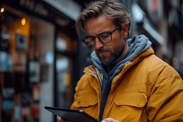 Man checking financial reports on tablet.


