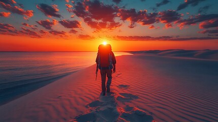 Backpacker Walking Sands Sunset Ocean Landscape