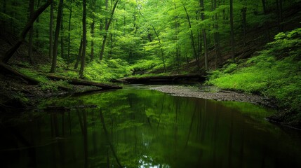 Serene Forest Stream Reflecting Lush Green Canopy