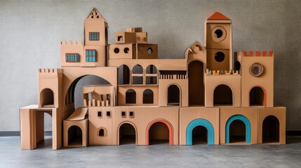 Fototapeta premium Large cardboard castle structure with towers and arches in a sunny room.