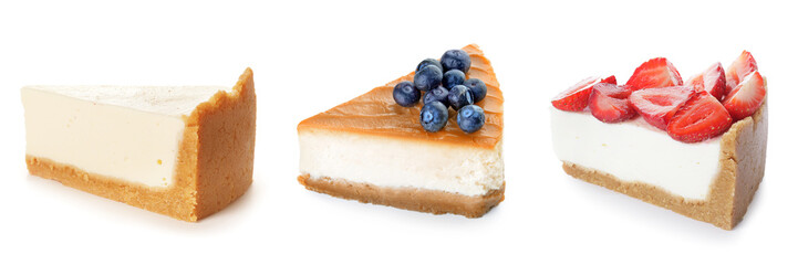 Set of tasty cheesecake pieces on white background