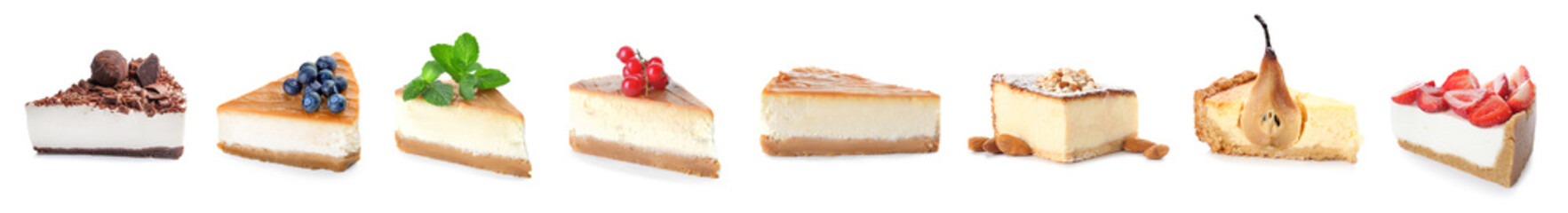 Set of tasty cheesecake pieces on white background