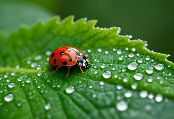 Fototapeta premium Close up of a ladybug crawling on a green leaf with dew drops in outside environment