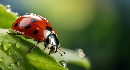 Fototapeta premium Close up of a ladybug crawling on a green leaf with dew drops in outside environment