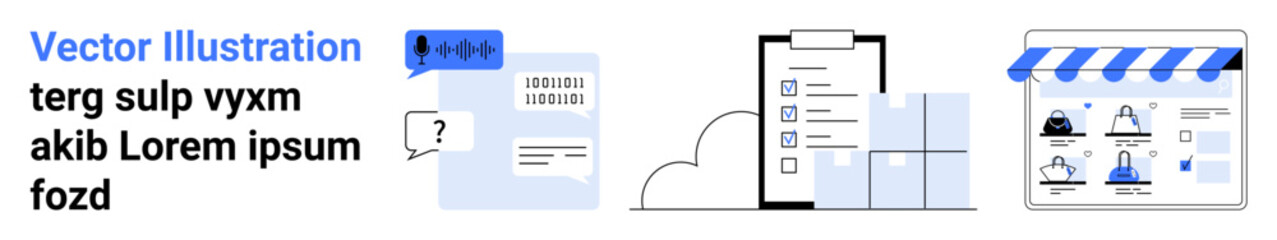 Text conversation with speech bubbles, document with question mark, checklist on a clipboard, and an online storefront image. Ideal for communication, digital marketing, business planning