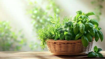 Naklejka premium Fresh Herbs in a Wooden Basket on a Light Table