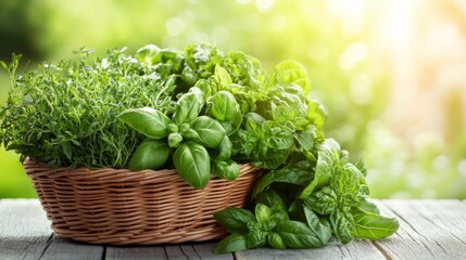 Naklejka premium Fresh Herbs in Basket on Wooden Table Close Up