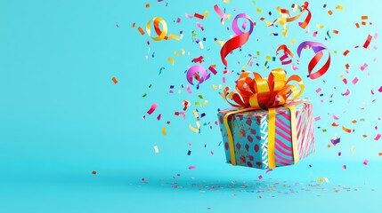 A colorful gift box surrounded by confetti and ribbons, celebrating a festive occasion.