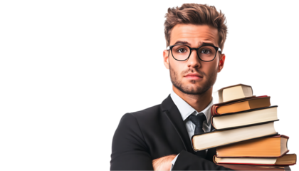 A young man in a suit holding a stack of books, conveying professionalism.