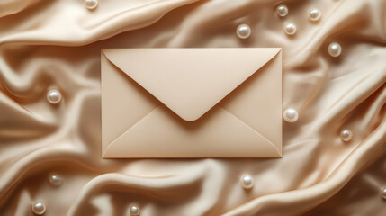Elegant beige envelope on luxurious satin fabric with pearls. Perfect for wedding invitations, or special announcements.