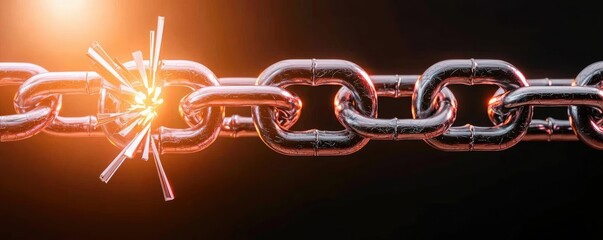 Close-up of a shiny steel chain with a bright spark due to tension or breakage, set against a dark background emphasizing its industrial nature.