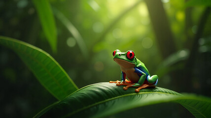 Naklejka premium Red-eyed tree frog on a leaf with a vibrant mood in a tropical rainforest setting