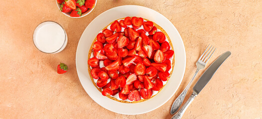 Sweet strawberry pie on color background