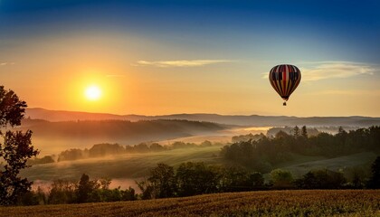 Obraz premium Sunrise Hot Air Balloon Soaring Over Misty Valley Landscape