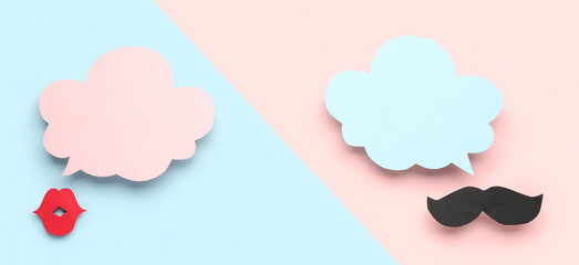Paper lips and mustache with blank speech bubbles on colorful background
