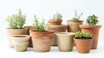 A clean, high-resolution image of handmade ceramic plant pots on a white background.--ar 16:9