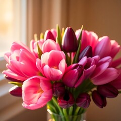 Obraz premium a bouquet of pink and purple tulips in a blue vase