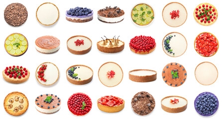 Set of many delicious cheesecakes on white background