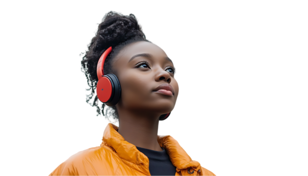 A young woman wearing headphones, looking thoughtfully into the distance.