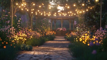 Obraz premium Serene garden path illuminated by string lights