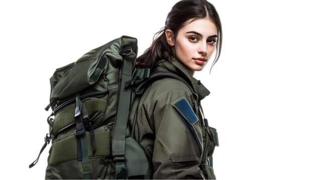 A young woman in military attire with a backpack, showcasing readiness and strength.
