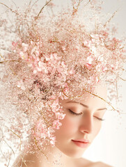Surreal Portrait of a Woman with a Chic Bob Haircut Adorned with Seamlessly Blooming Pink Flowers for an Ethereal and Artistic Look