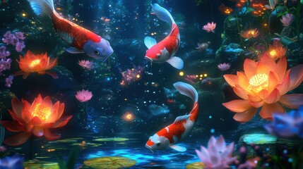 Ethereal Underwater Scene with Colorful Koi Fish and Water Lilies