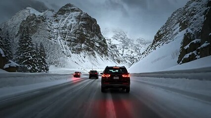 A car navigates a snowy road, flanked by majestic mountains in the background, showcasing a serene winter landscape