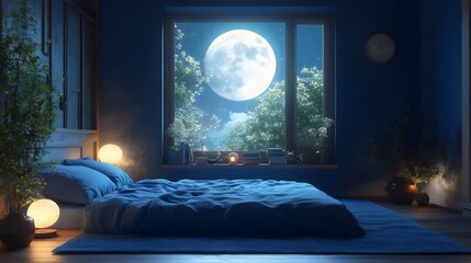 A bedroom with a large window that shows a full moon in the night sky