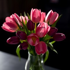 Obraz premium a bouquet of pink and purple tulips in a blue vase