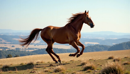 Obraz premium Single Horse Galloping Hilltop View