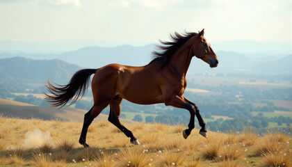 Obraz premium Single Horse Galloping Hilltop View
