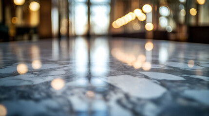 Elegant marble table reflecting warm lights in a modern dining space during daytime