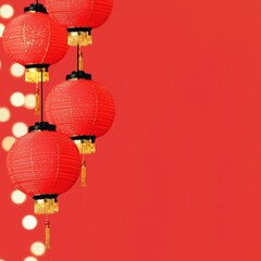 Obraz premium Chinese New Year 2025, Bright red lanterns hang against a vibrant red background, evoking a festive atmosphere perfect for celebrations or cultural events.