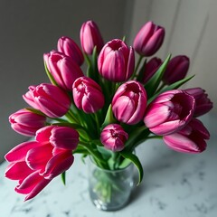 Obraz premium a bouquet of pink and purple tulips in a blue vase