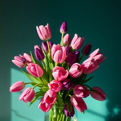 Fototapeta premium a bouquet of pink and purple tulips in a blue vase