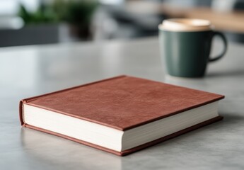 Naklejka premium 美しいカフェのテーブルに置かれた茶色の革表紙の本とコーヒーカップ