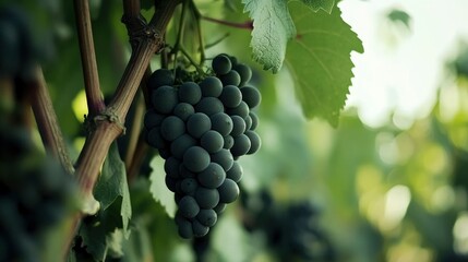 Fototapeta premium Ripe Dark Grapes Hanging On Vine Lush Green Leaves