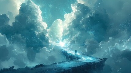 Fototapeta premium Solitary figure walks on ethereal pathway amidst majestic clouds and celestial light